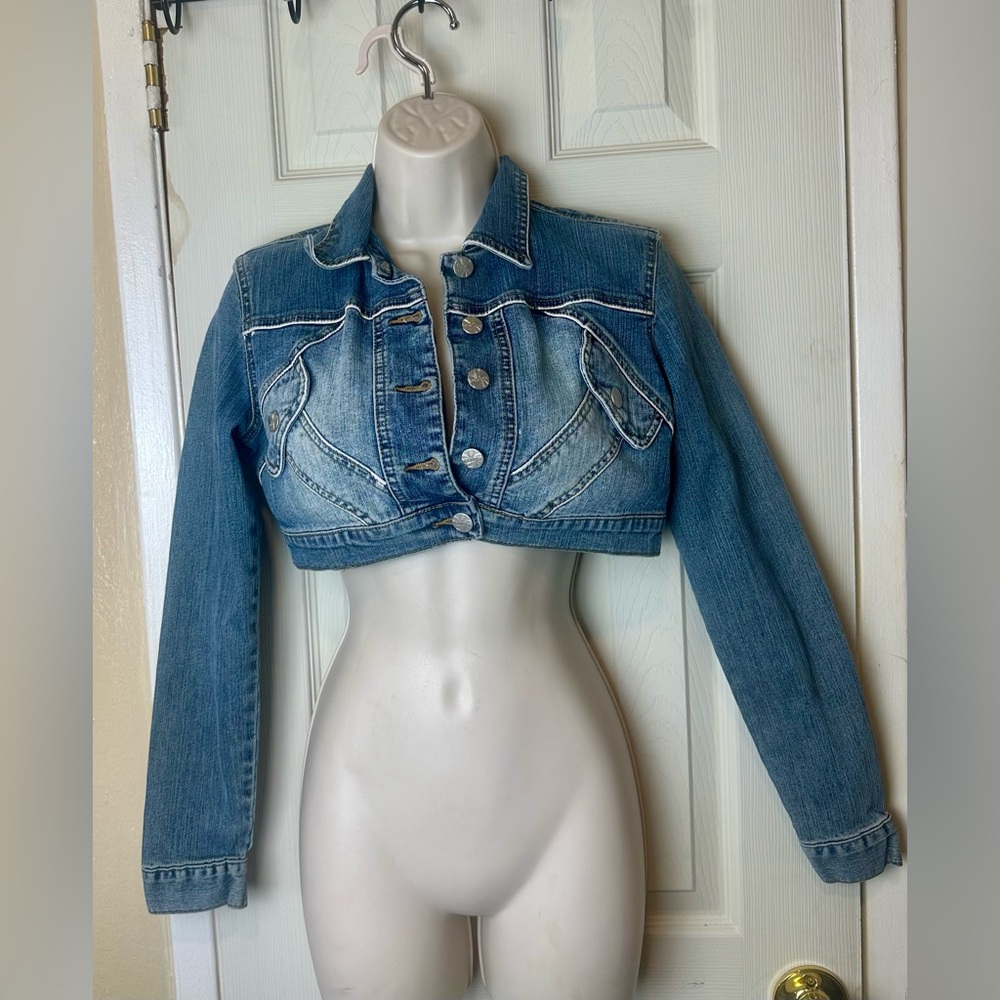 Younique Light Blue Denim Cropped Jacket with Gold Embroidery Small